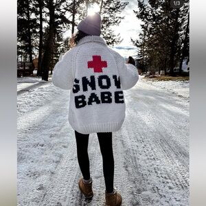 GOGO White Chunky Knit Cardigan with Red Cross and Black Lettering